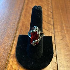 Garnet long rectangle set in Marcasite. Size 7.